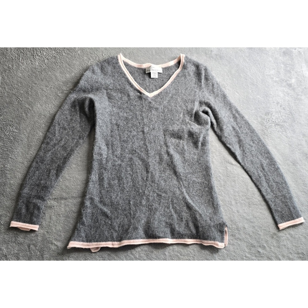 Precious Fibers Cashmere Sweater Womens Small Gray Pink Long Sleeve V-Neck